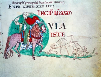 Herralla on haukkametsästys. Keskiajan miniatyyri. Käsikirjoitus ”Moralia in Job” Citeaux Abbeysta Gregoire paavi I:lle