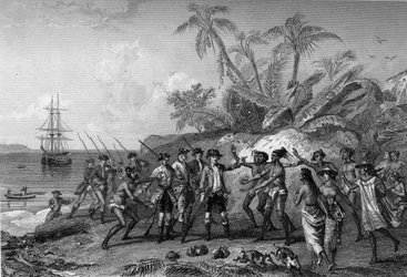 Louis Antoine Comte de Bougainville, ranskalainen merenkulkija (1729-1811), lähestyy Markiisisaarten saarta Tahitilla, 6. huhtikuuta