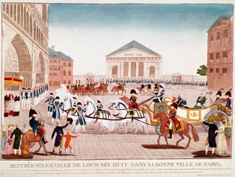 Ludvig XVIII saapuu Notre Dameen, Pariisiin, 3. toukokuuta 1814 (kaiverrus)