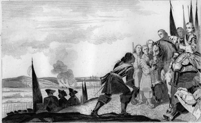 Ludvig XV (1710-74) Fontenoin taistelussa vuonna 1745 - Itävallan perintösota (1740-1748) - Maurice Saksi, Saksin marechal (1696-1750), Fontenoyn taistelun voittaja tapaa Ranskan kuninkaan , Louis XV (1710-1774) - Kaiverrus vuodelta 1825 kirjassa "Hei