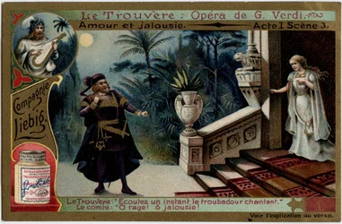 Rakkaus ja mustasukkaisuus näytös I Scene 3. Kuvitus Giuseppe Verdin (1813-1901) oopperalle "" Löytö"" (Il trovatore). Kromolitografia (Chromo) Liebig 1800-luvun lopulta.