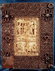Kaarle Kalju II:n (823-877) Psalterin alalautanen: norsunluinen pienoismalli, jossa Nathan tuli tappamaan lasta, mikä ei liity Israelin kuninkaan Daavidin ja Betsabeen aviorikokseen. 850-875. Paris, B.N.