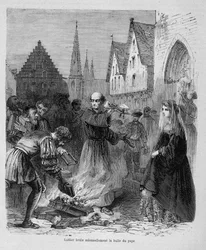 Luther polttaa juhlallisesti paavin kuplan - teoksessa "Histoire des popes" Maurice Lachatre, sd. 1800-luvulla