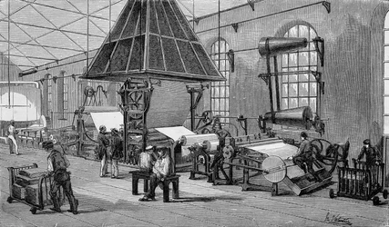 Kone jatkuvan paperin valmistukseen. 1800-luvun kaiverrus.