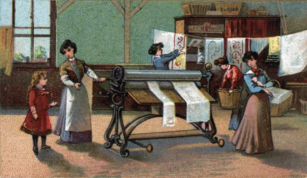 Konesilityslaite. (silitys). Kromolitografia 1800-luvun lopulta.