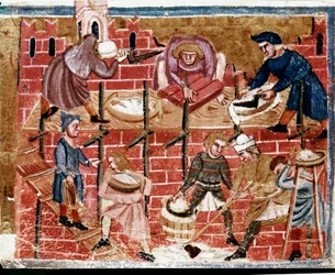 Muurarit ja talonrakentajat. Miniatyyri teoksesta "Les Faits des Romains", 1200-luku. Venetsia, Biblioteca Marciana