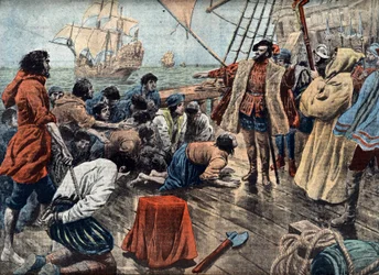 Magellan (1480-1521) rauhoittamassa miehistönsä kapinaa San Julianilla vuonna 1520 (kaiverrus).