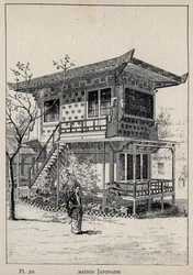 Japanilainen talo (japanilainen talo) - kaiverrus vuodelta 1889 Charles GARNIERin julkaisussa "Ihmisasumisen historia vuoden 1889 yleisnäyttelyssä - Librairie centrale des beaux-arts Paris 1889"