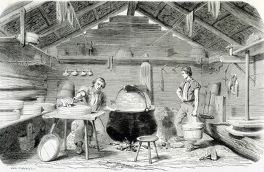 Gruyère-juuston valmistus sveitsiläisessä mökissä tai juustotehtaassa Alpeilla - Louis Figuierin teoksessa "Teollisuuden ihmeet"