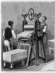 Korttien tekeminen pelattavaksi vanhoilla menetelmillä. Pelikorttien sylinteri. Kaiverrus vuodelta 1893.