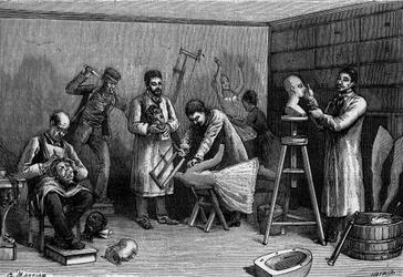 Tehdään vahahahmoja Musee Grevinissä Pariisissa. Kaiverrus "" Luontoon: katsaus tieteisiin ja niiden sovelluksiin taiteeseen ja teollisuuteen "", 21. huhtikuuta 1894.