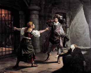 Manrico ja Azucena ovat vangittuna Aliaferian palatsin vartiossa, Leonora yrittää pelastaa heidät Giuseppe Verdin (1813-1901) kuvitus "" Löydöön"" (Il trovatore). Litografia noin 1880. Yksityiskokoelma