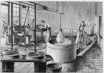 Gruyeren valmistus: moderni juustotehdas. Kaiverrus "" Luontoon: katsaus tieteisiin ja niiden sovelluksiin taiteeseen ja teollisuuteen" 19. syyskuuta 1891.