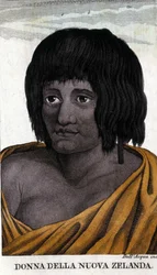 Maorinainen Uudesta-Seelannista. Kaiverrus 1800-luvun alusta.