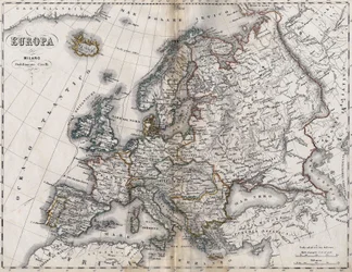 Euroopan kartta. 1800-luvun toinen puoli. Italian atlas. Stabilimento Civelli. Milano.