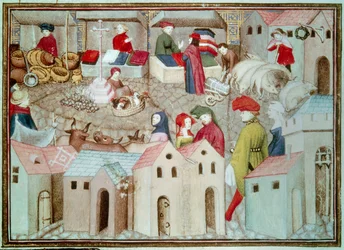Marche de Champeaux Pariisissa Betail ja siipikarjakauppiaat, verhot. Miniatyyri otettu Thomas de Salucesin (Tommaso III di Saluzzo) "Vaeltavasta ritarista" noin 1403-1404. Paris, B.N.