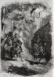 Marphise (Marfisa) ja vanha nainen tapaavat Pinabelin (Pinabello) - kaiverrus vuodelta 1851 Ludovico Ariostosta "" Furious Roland"" (1500-luku), joka tunnetaan nimellä Ariosta - Tressanin kreivi kääntänyt italiasta ja julkaisija