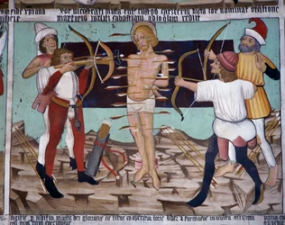 Pyhän Sebastianin marttyyrikuolema, Pyhän Sebastianin elämä (1400-luku), freskot, Pyhän Sebastianin kappeli, Villard-de-Lans, Rhône-Alpes, Ranska.