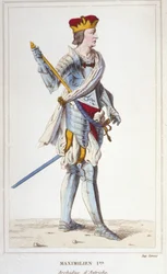 Maximilian I (Habsburg). Itävallan arkkiherttua, roomalaisten kuningas ja germaanien keisari (1459-1519). Kaiverrus vuodelta 1830