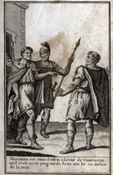 Maximian Hercules (Marcus Aurelius Valerius Maximianus) (noin 250-310), Rooman keisari, joutuu kauhuun nähdessään vävynsä Konstantinuksen (Konstantinus I, Flauius Valerius Aurelius Constantinus, 272-306) luulee puukottavansa sänkyynsä i