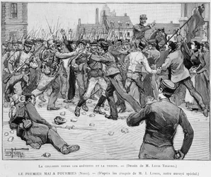 1. toukokuuta (1891) Fourmiesissa - törmäys hyökkääjien ja ryhmän välillä - elokuvassa "" Le Monde Illustré""
