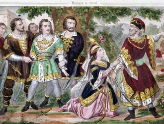Mazeppa pysähtyi. Kuvitus Lord Byronin runolle "Mazeppa" ilmestyi 1819. 1800-luku.