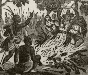 "McFarren, hänen kumppaninsa ja neljä miehistön jäsentä, jotka Sandwichsaarten alkuperäisasukkaat polttivat kuoliaaksi", n. 1836