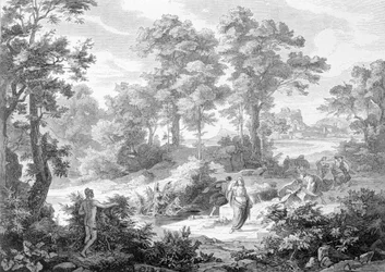 Tapaaminen joen lähellä makaavan Ulyssesin ja Nausicaan välillä. Kaiverrus 1800-luvun lopulta.