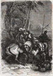 Marphisen (Marfisa), Astolphen (Astolfo) ja Sansonnetin (Sansonetto) tapaaminen - kaiverrus vuodelta 1851 Ludovico Arioston "" Roland furieux