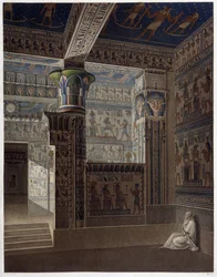 Memnonium Thebes, pl 37: Värikäs sisäpuolen perspektiivinäkymä lännen temppelistä - "" Egyptian Antiquites" -julkaisussa, sd. 1800-luvulla