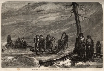 Ambulanssin kauppias, on Pietariin johtavan tien risteys. Henrietin piirros havainnollistamaan hänen matkaansa Venäjän Baltian maakuntiin vuosina 1851-54. Kaiverrus kirjassa "" Le tour du monde", toimittanut Edouard Charton