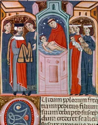 Miniatyyri kastekohtaus otettu Justinianus-koodista (Codex Justinianus), kokoelma lakeja ja instituutioita, jotka julkaistiin Bysantin keisarin Justinianus I:n (483-565) alaisuudessa