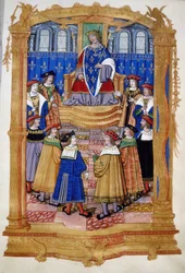 Pienoiskuva 1400- tai 1500-luvulta, joka kuvaa Ludvig XI:tä (1423-1483) ja Pyhän Mikaelin ritarikunnan ritareita.