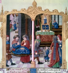 Pyhän Louisin ihmeet: Kuningas Ludvig IX (1214-1270) taisteli halvaantuneena. Miniatyyri käsikirjoituksesta ”Tosiasioiden kirja Monsignor Saint Louis” 1400-luku. Paris, B.N