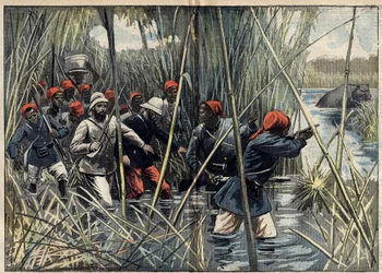 Marchandin retkikunta (1896-1899) Fashodaan (Sudan): ranskalainen kapteeni Baratier (1864-1917) ja hänen joukkonsa etenevät suon halki kohti Fashodaa. (Kapteeni Baratierin lokikirjan mukaan). Kuvitus "Le Pèlerin" -lehden marraskuun 6. päivän numerossa