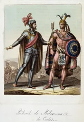 Montezuma II, atsteekkien kuningas ja Hernan (tai Hernando) Cortes tai Fernand Cortez (1485-1547), espanjalainen valloittaja - Ferrarion "" Vanha ja moderni puku" -sarjassa, toim. Milano