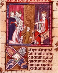 Äiti ja lapsi esiintyvät kuninkaan edessä, Justice-miniatyyri, joka on otettu kohteesta "Justiniani in Fortiatum" 1300-luvun Escorial-luosterin kuninkaallinen kirjasto (Escorial), Espanja