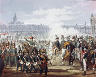 Napoleon Bonaparte (1769-1821) arvostelee miliisin Lombard- ja Cispadan-legioonaa 9.7.1797 akvarellikaiverruksella. Milano, Museo del Risorgimento