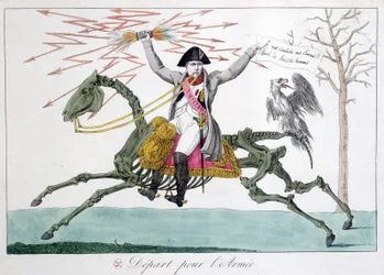 Napoleon: karikatyyri soturimiehessä hevosen luurangossa - "" Napoleon 1er" -sarjassa, karikatyyrikokoelma
