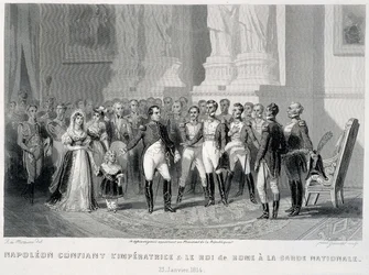 Napoleon uskoo keisarinnan ja tämän pojan, Rooman kuninkaan, kansalliskaartin huomaan (23. tammikuuta 1814) - teoksessa "Fastes de Gardes nationales de France"