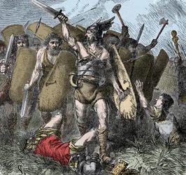 Narses voittaa itägootit - Barbaarien hyökkäykset: Narses (478-573) Bysantin kenraali, keisari Justinianus I:n eunukki, joka voitti ostrogootit Taginaen taistelussa Italiassa vuonna 552. Värityskaiverrus 1800-luvulta