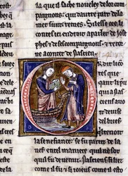 Nascion saa kirjan (?). Käsikirjoitus: Saint Gréalin valloitus, kirjoitettu 717 vuotta herramme intohimosta. Bibliotheque Municipale de Rennes, ms. 255 (Pyöreän pöydän romaanien kokoelma); Pariisi