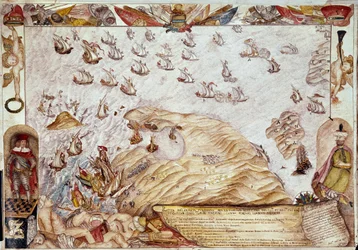 Meritaistelu Turkin ja Venetsian laivastojen välillä 1661 - Miniatyyri - Venetsia, Biblioteca Marciana