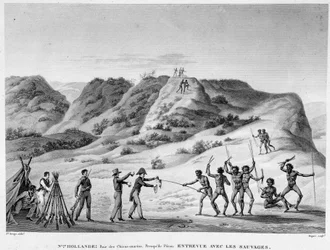 New Holland, Bay of Marine Dogs, Peronin niemimaa: haastattelu intiaanien kanssa (aboriginaalien ja uudisasukkaiden kohtaaminen) - kaiverrus, deb. 1800-luvulla
