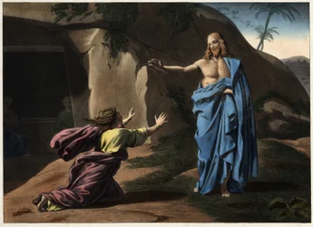 Noli me tangere: Kristuksen ilmestyminen Pyhälle Magdalenalle. Anonyymi kaiverrus 1800-luvulta.