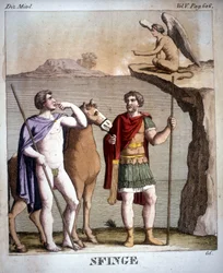 Oidipus ja Sfinksi - teoksessa "" Dizionario mitologico"", kaiverrus 1800-luvulta, Raamattu. di Brera, Milano.