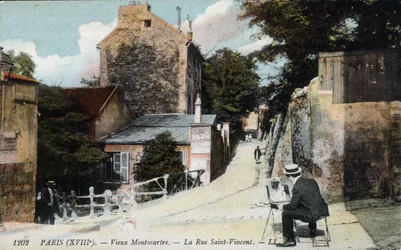 Vanha Montmartre: maalari St Vincent -kadulla. Oranssissa kabareessa "Ketterä kani" - Postikortti, deb. 1900-luvulla.