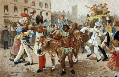 Ile de Francen alueella vietetty vanha tapa: Naudanlihan kulkue vuonna 1830. 1800-luvun lopun kromolitografia.