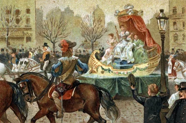 Vanha tapa, jota juhlitaan Ile de Francen alueella: paaston puolivälissä Pariisissa. 1800-luvun lopun kromolitografia.