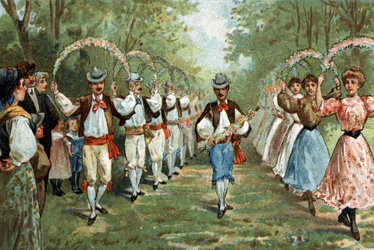 Languedocin alueella vietetty vanha tapa: trellasin tanssi. 1800-luvun lopun kromolitografia.